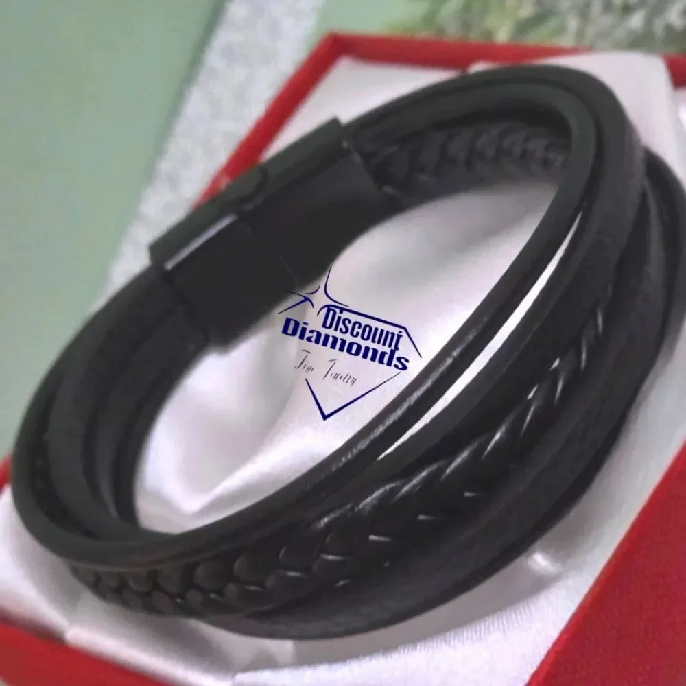 Black Genuine Braided Leather & Black Titanium Magnetic Closure